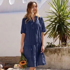 Grae Cove Fallon 100% Linen Relaxed Fit V-neck Tiered Dress in Navy Blue XL